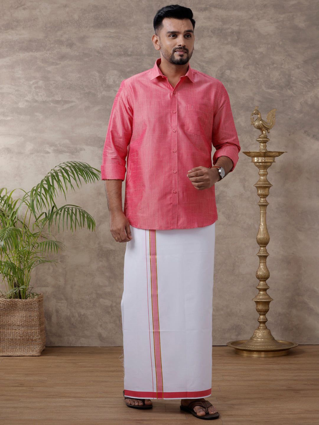 

RAMRAJ Men Solid Traditional Cotton Shirt And Matching Fancy Border Dhoti, Pink