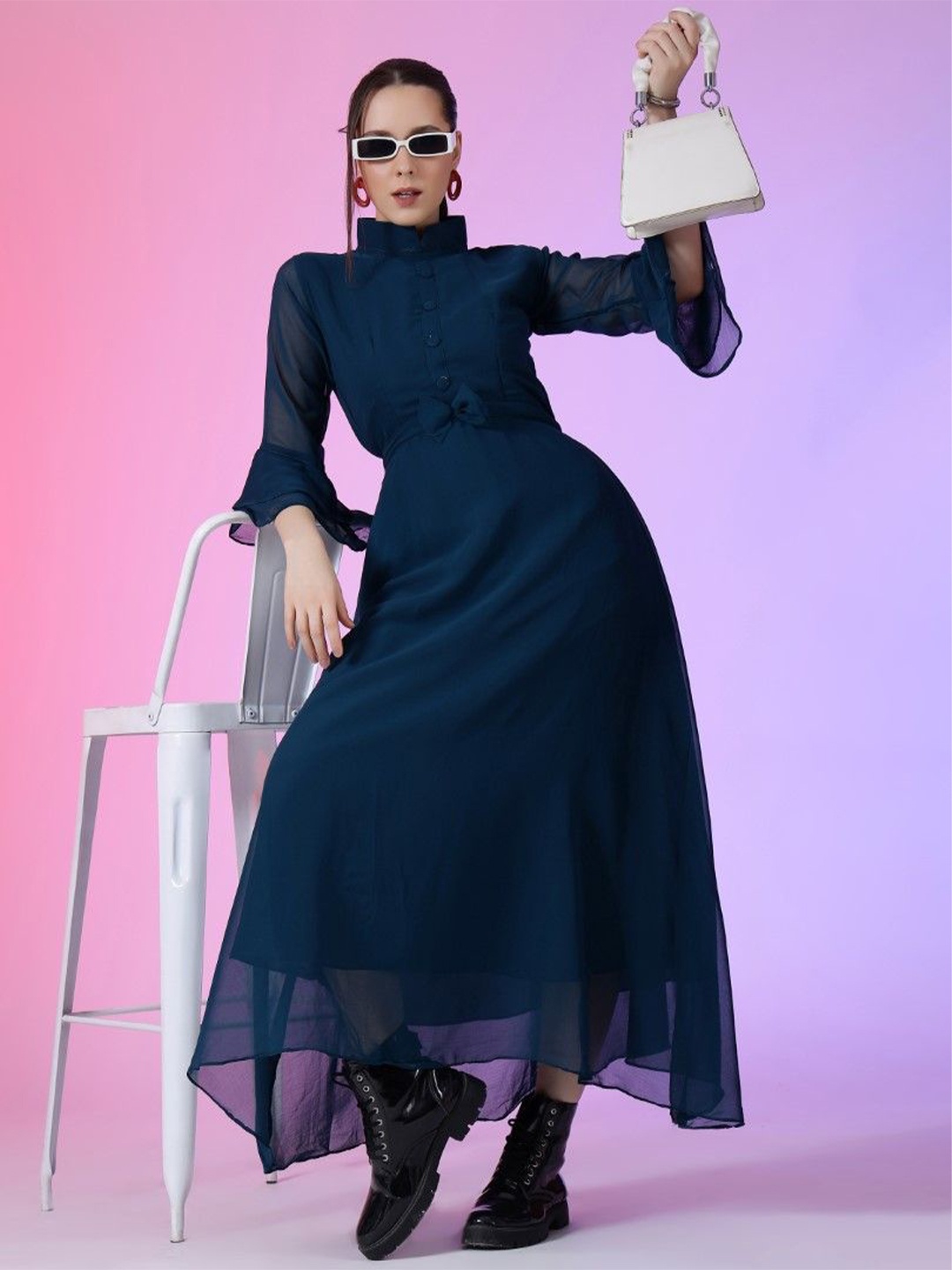 

Raiyani Enterprise Women Flared Sleeve Georgette Fit & Flare Maxi Dress, Blue