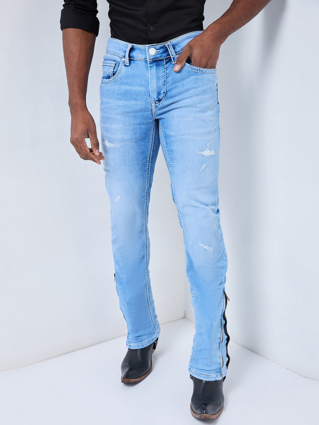 

mode de base Men Versatile Convertible Bootcut to Slim Fit Low Distress Jeans, Blue