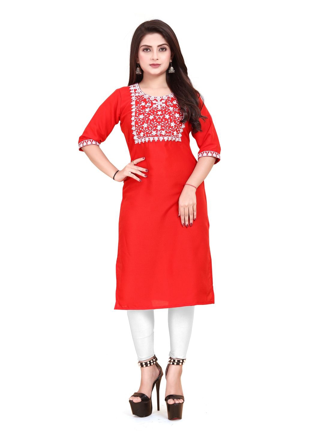

AKK ENTERPRISE Round Neck Floral Embroidered Thread Work Straight Kurta, Red