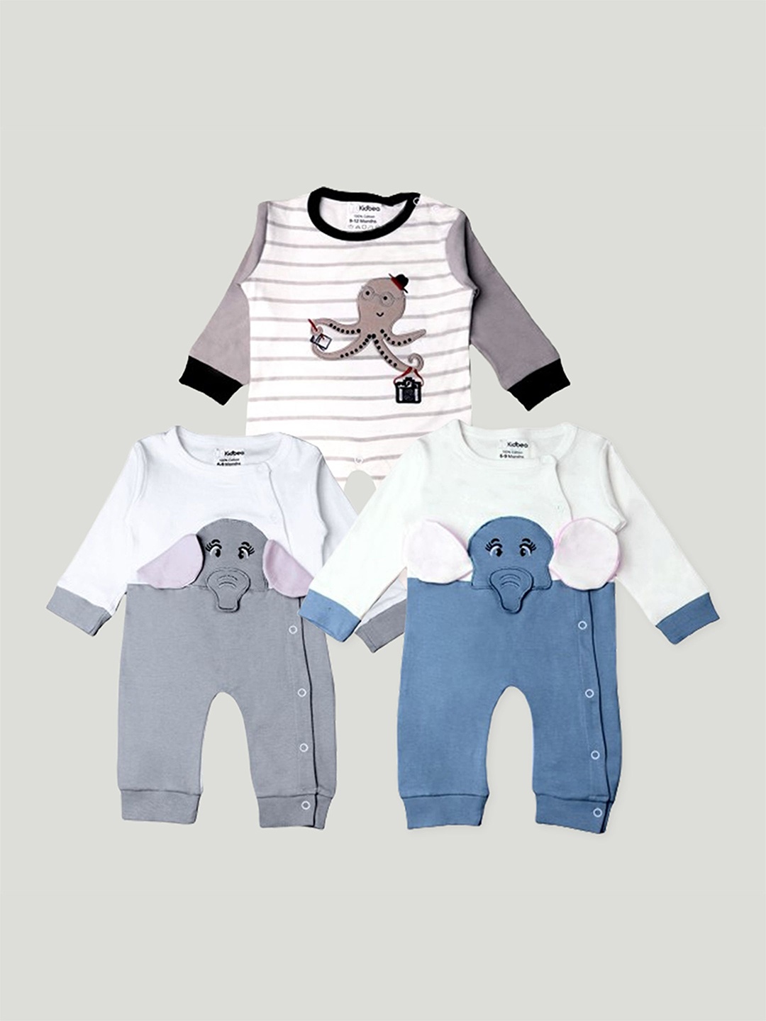 

Kidbea Infants Unisex Pack Of 3 Printed Organic Cotton Rompers, Grey