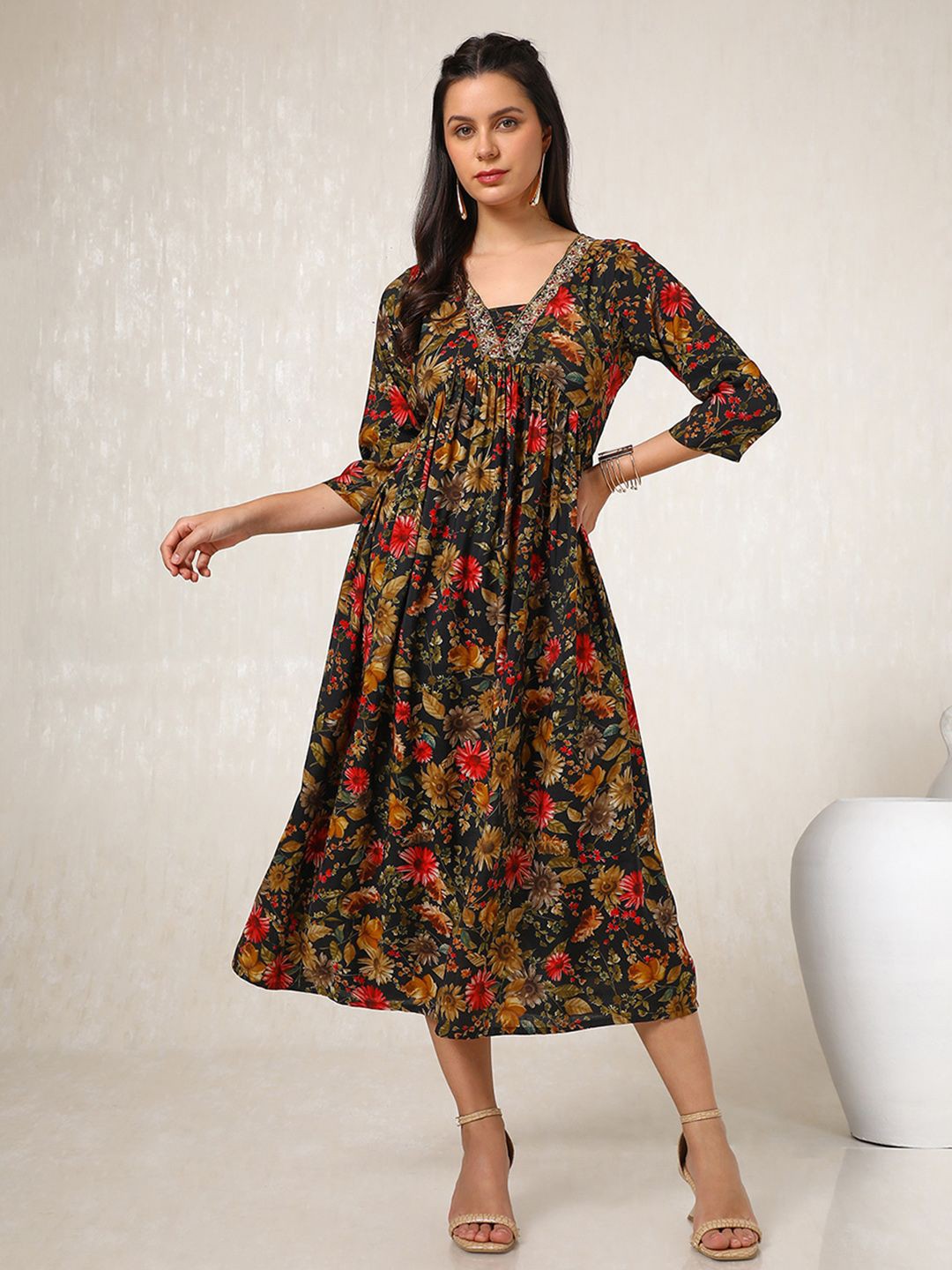 

Soch Floral Printed Empire Midi Dress, Black