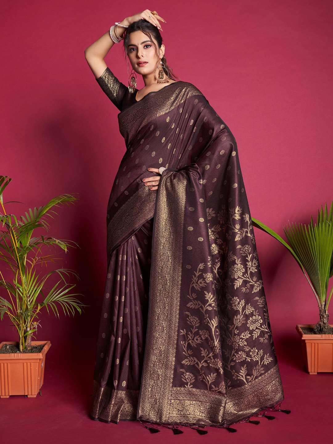 

Kandora Women Woven Design Zari Pure Silk Banarasi Saree, Brown