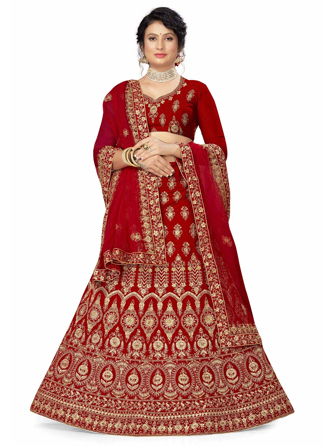 

Maroosh Embellished Thread Work Unstitched Lehenga & Blouse With Dupatta, Red