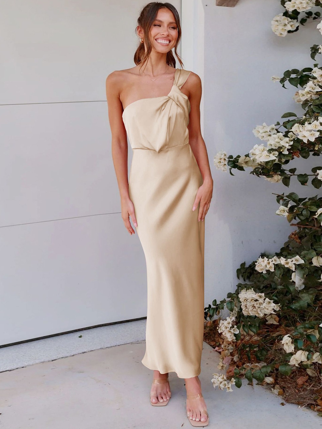 

HERE&NOW Women Solid One Shoulder Maxi Dress, Beige