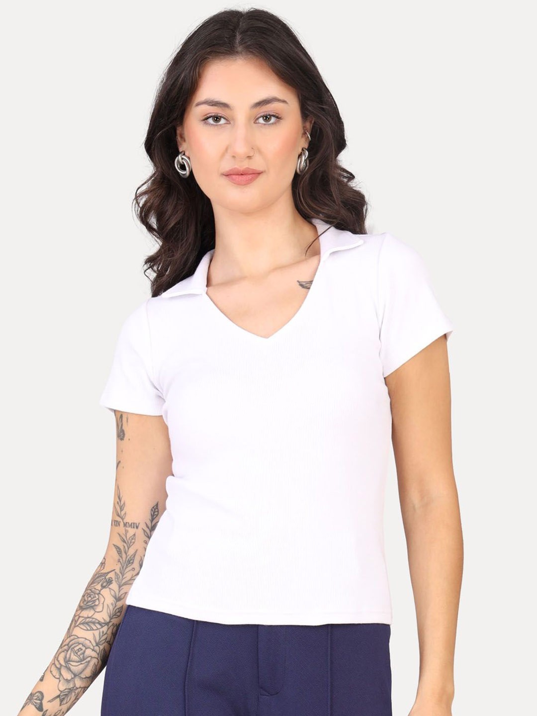 

VISO Women Solid Shirt Collar Top, White