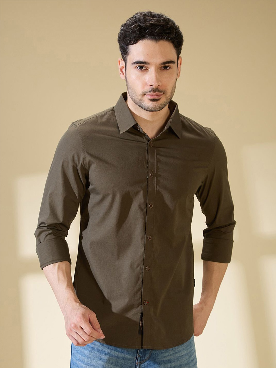 

Being Human Men Spread Collar Solid Cotton Slim Fit Casual Shirt, Green