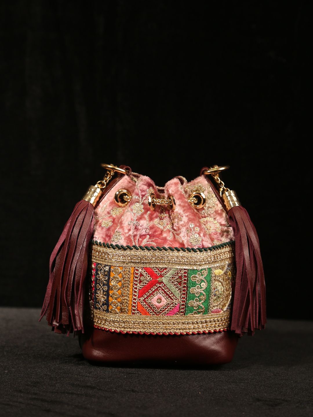 

Aloha by PS Women Ethnic Motifs Embellished Bucket Sling Bag with Tasselled, Burgundy