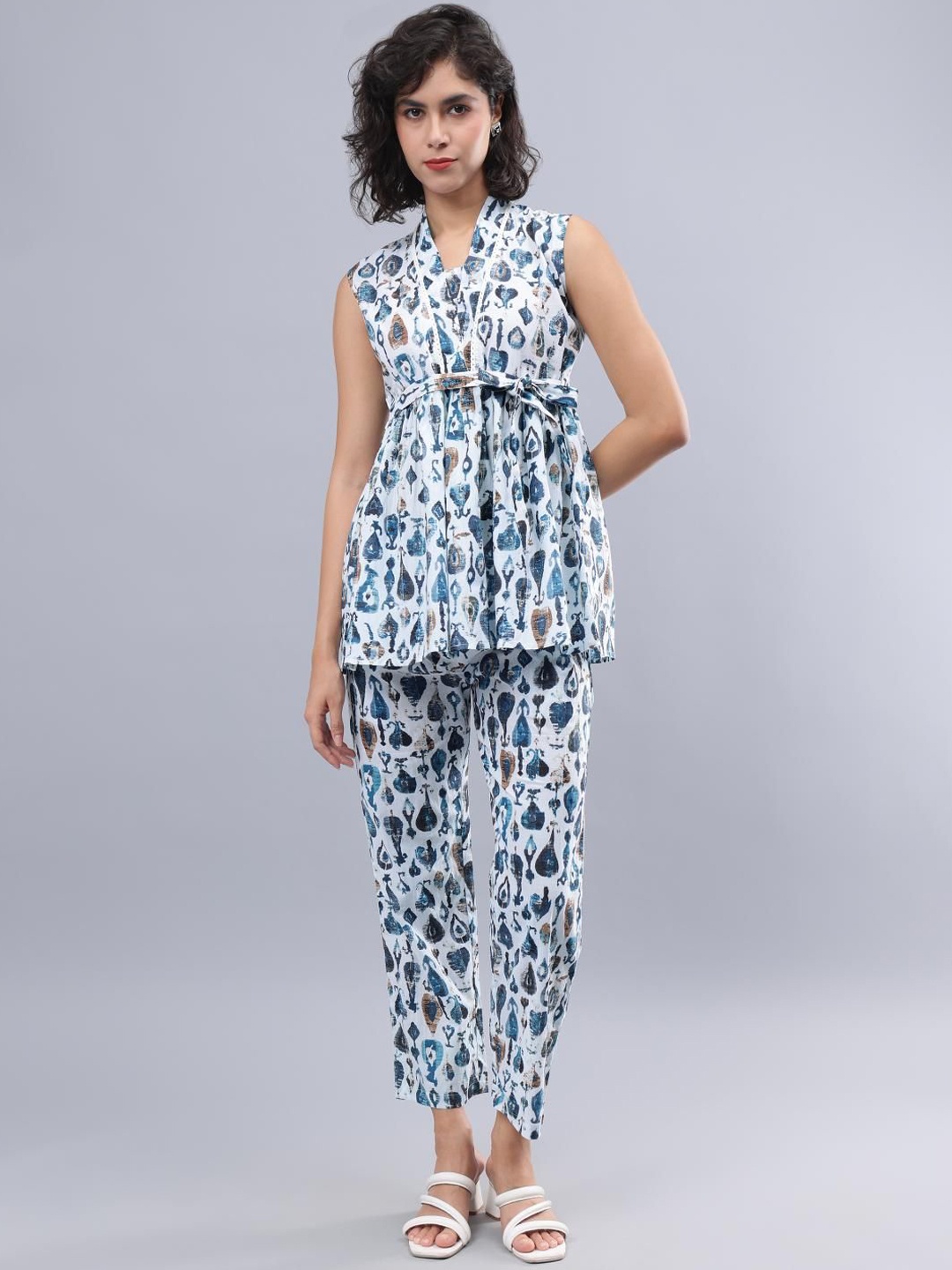 

CORDSET Floral Printed V-Neck Sleeveless Pure Cotton Tunic With Trouser, Off white