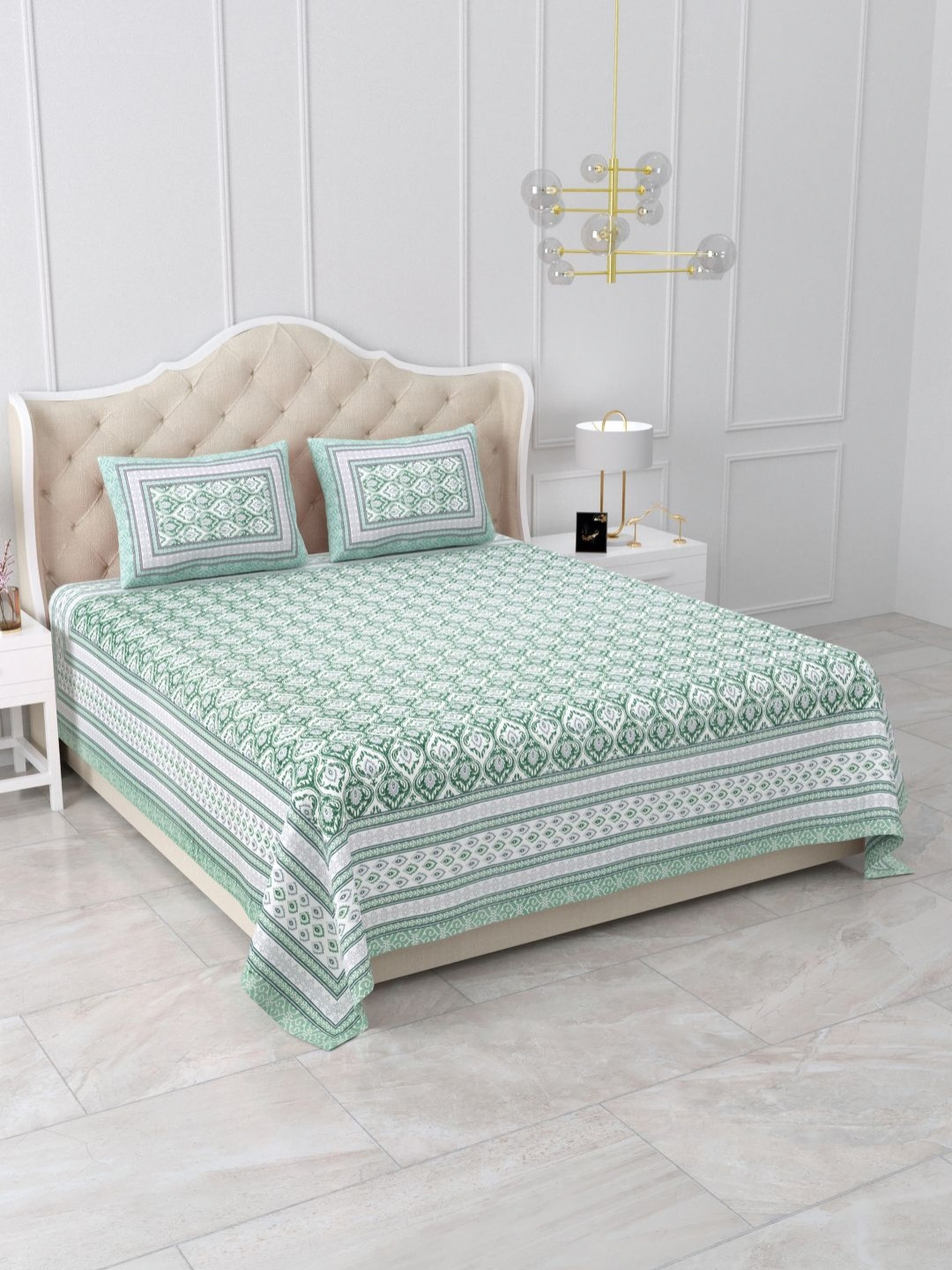 

Qfab Green Ethnic Motifs 220 TC Queen Bedsheet with 2 Pillow Covers 2.20 x 2.59 Mts