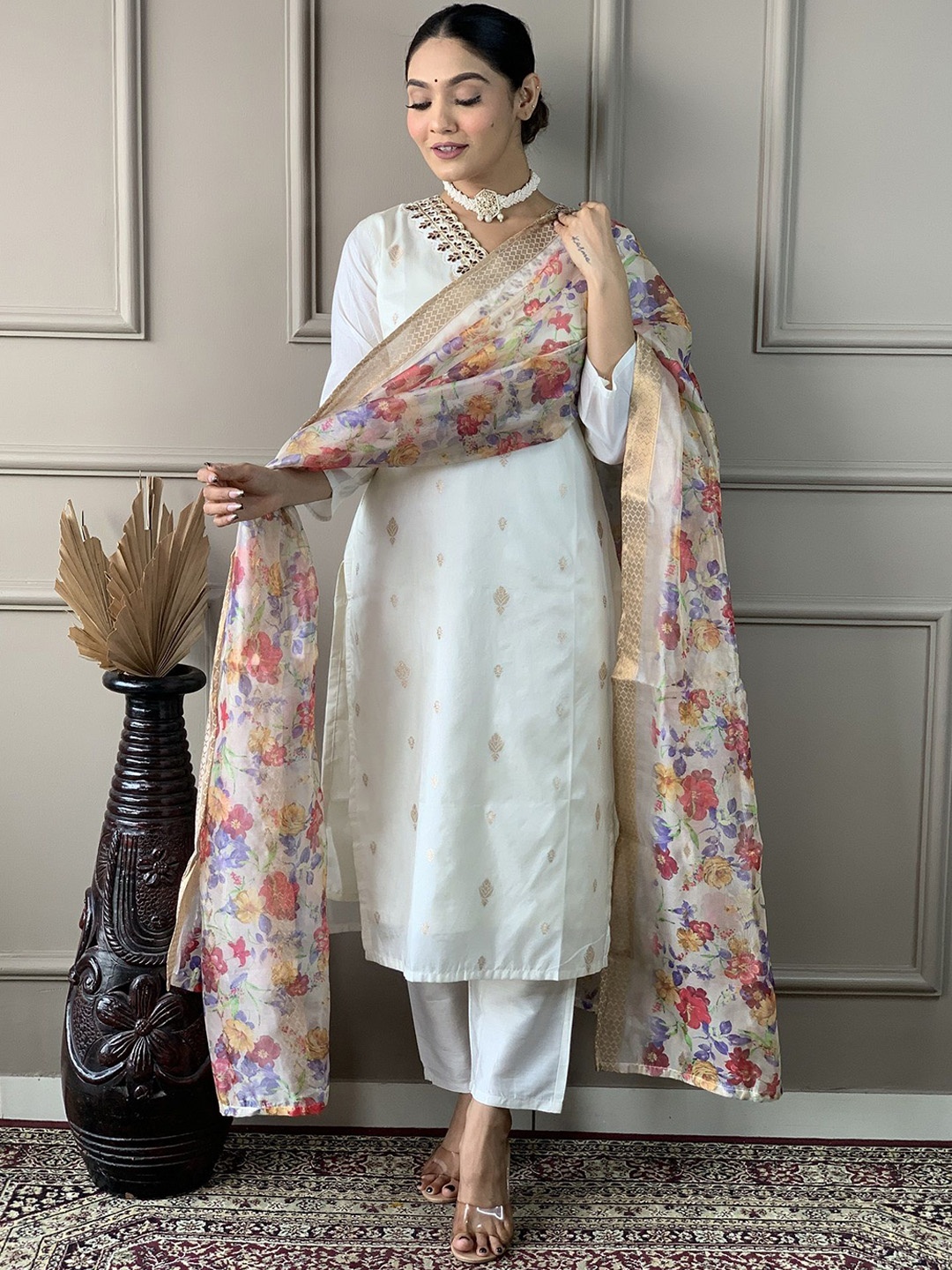 

KALINI Women Woven Design Sequinned Kurta with Trousers & With Dupatta, Off white