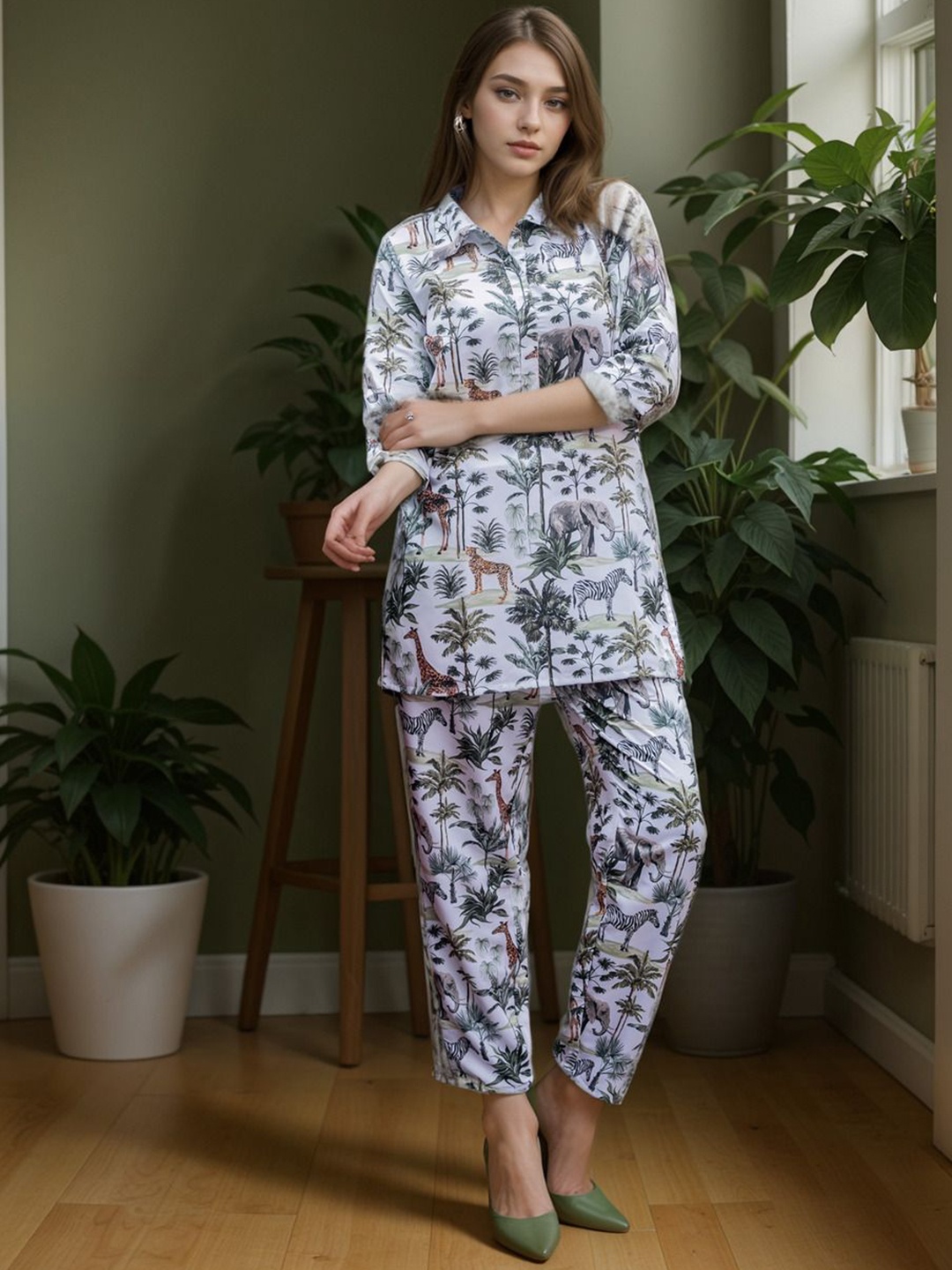 

P3D CREATION Floral Printed Pure Cotton Tunic & Trousers, White