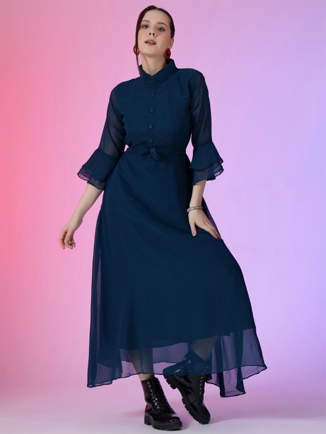 

Krunal Raiyani Solid Flared Sleeve Fit & Flare Maxi Dress, Blue