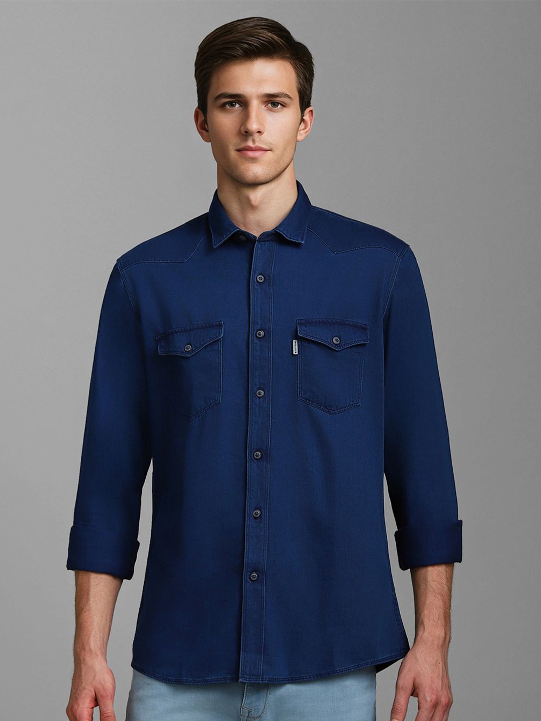 

Louis Philippe Jeans Men Spread Collar Solid Cotton Casual Shirt, Navy blue