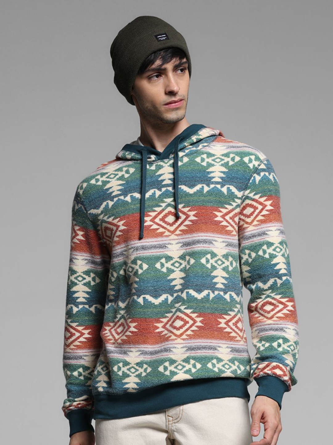 

Jack & Jones Men Tribal Printed Hood Cotton Pullover Sweatshirt, Green