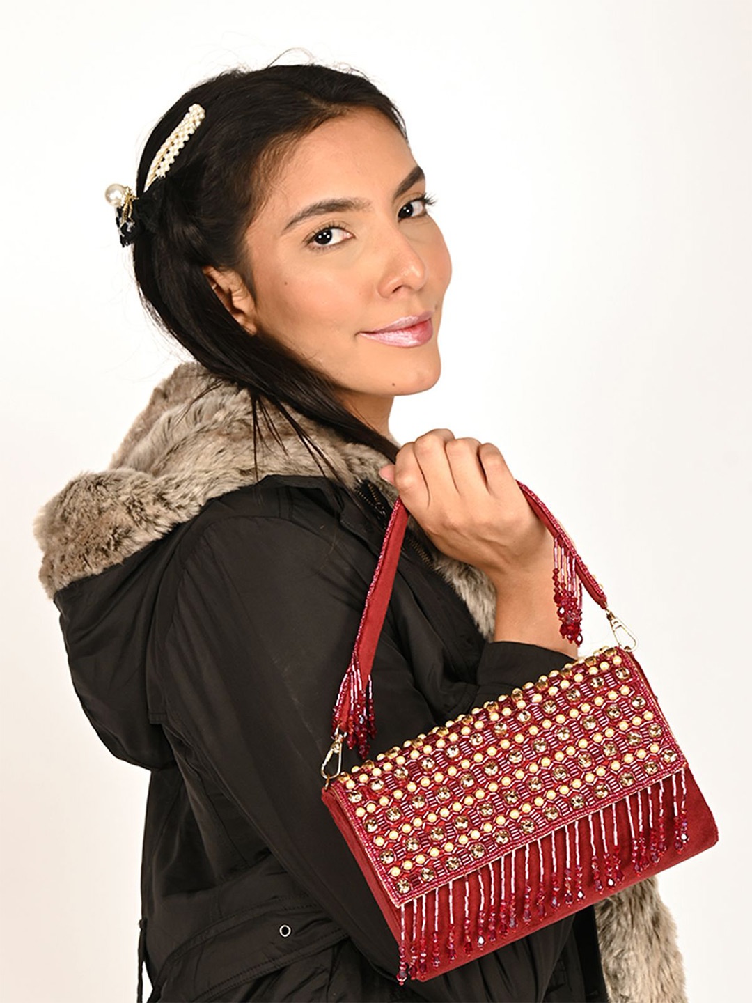 

ODETTE Embellished Tasseled Purse Clutch, Maroon