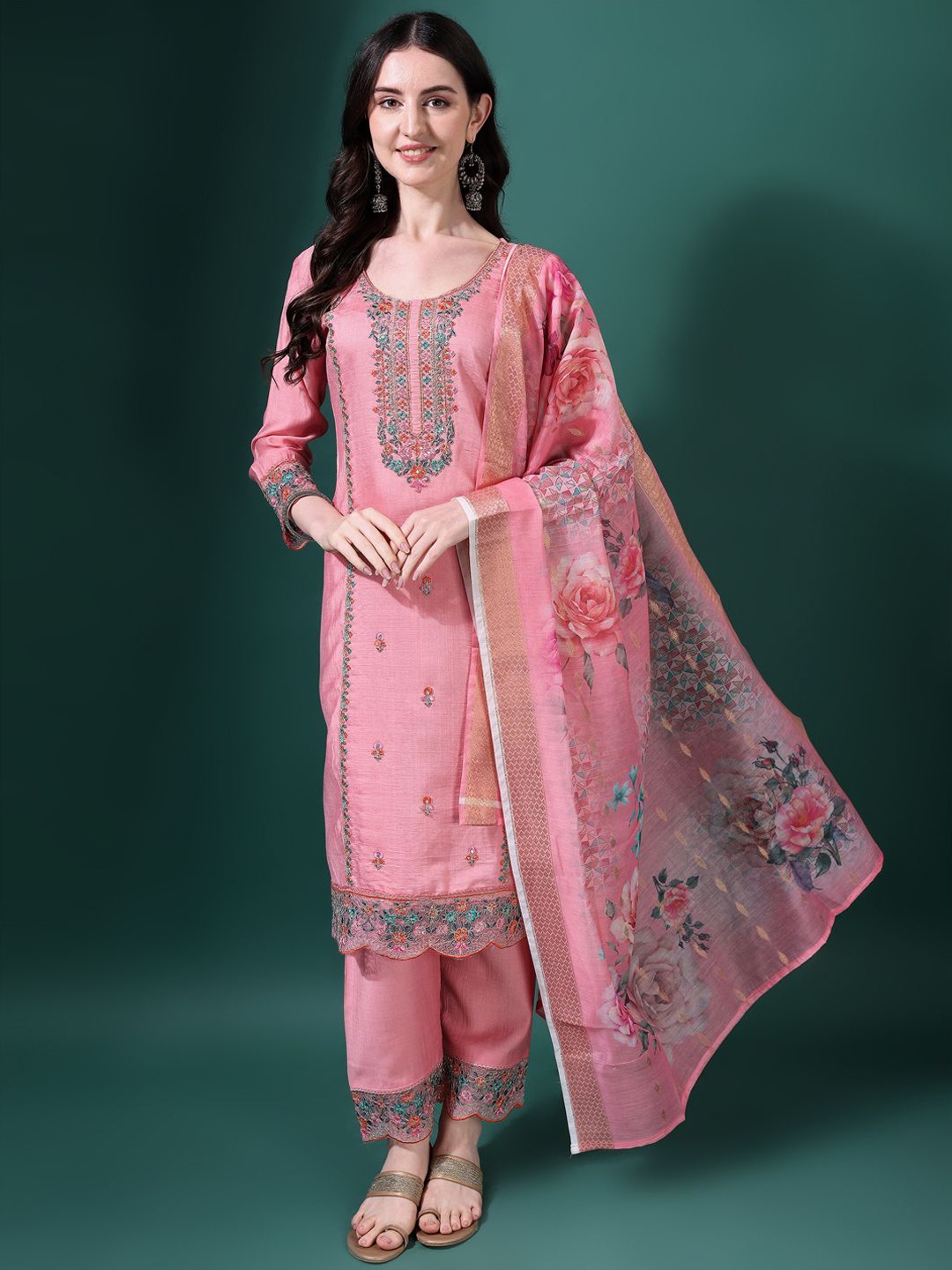 

KALINI Women Floral Embroidered Kurta with Trousers & With Dupatta, Pink