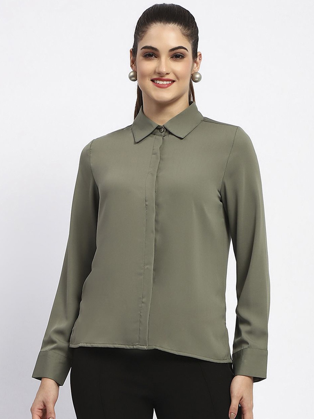 

Madame Women Spread Collar Solid Casual Shirt, Green