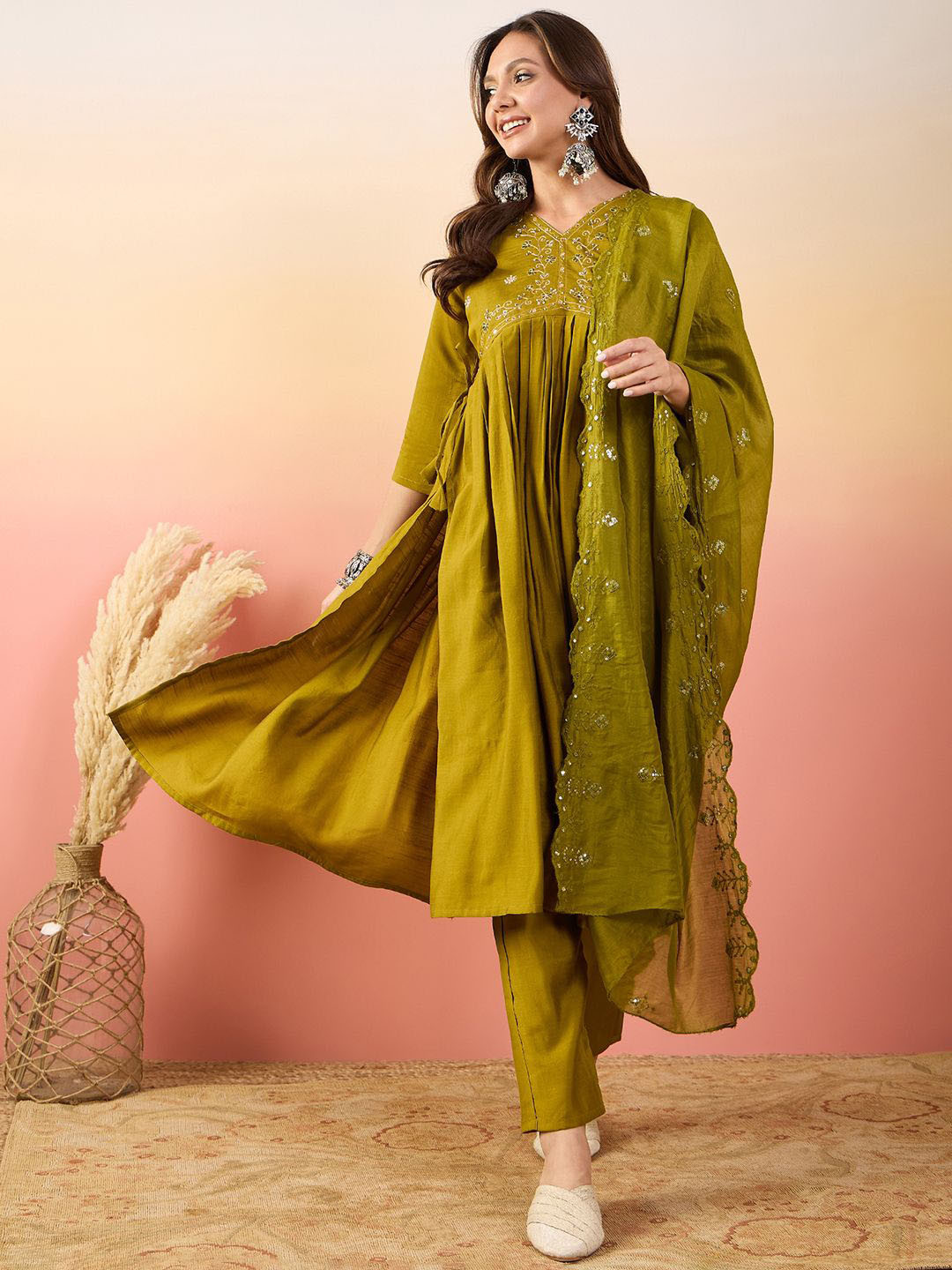 

Krimmple Women Ethnic Motifs Embroidered Pure Silk Kurti with Pyjamas & With Dupatta, Yellow
