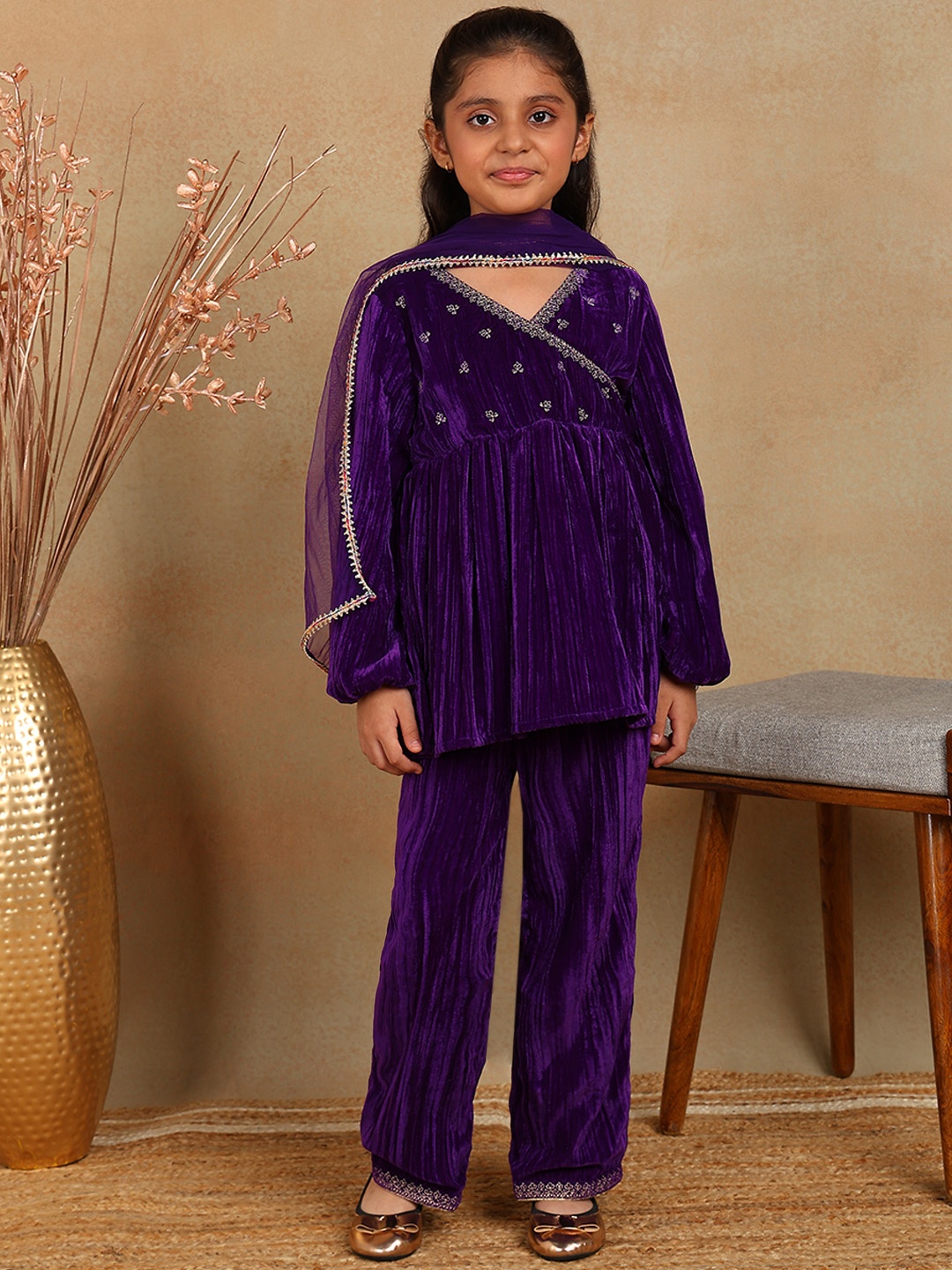 

The Tribe Kids Girls Embroidered Velvet Kurta with Sharara & Dupatta, Purple