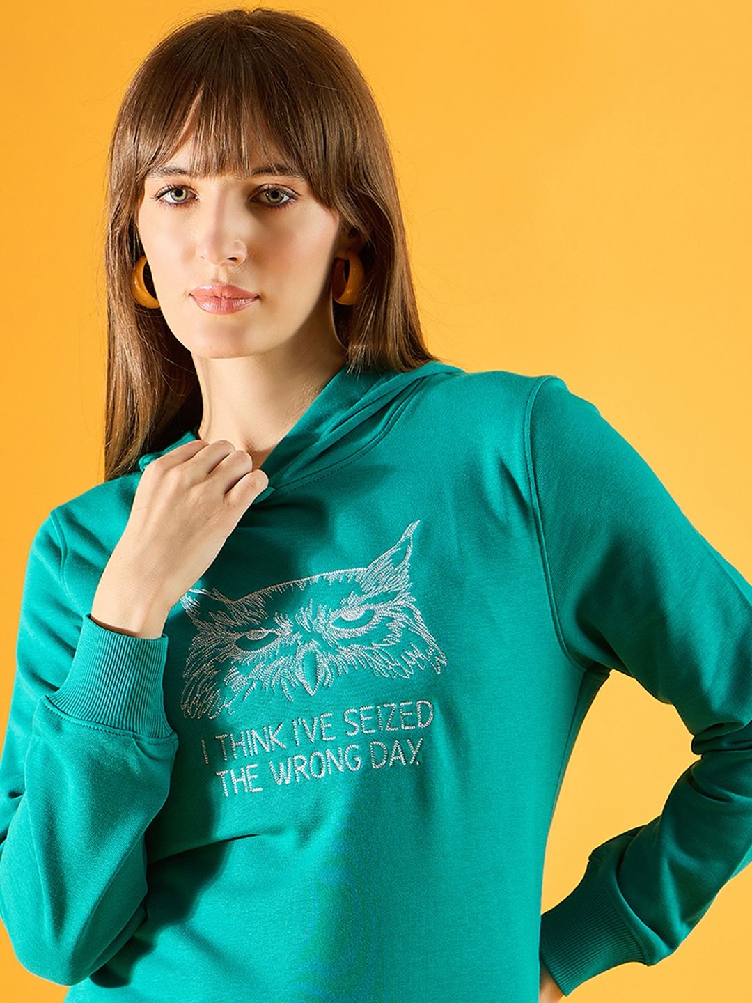 

98 Degree North Women Typography Printed Hood Cotton Pullover Sweatshirt, Green