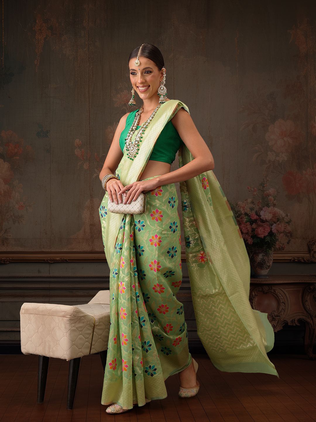 

Silk Land Floral Zari Pure Cotton Saree, Lime green
