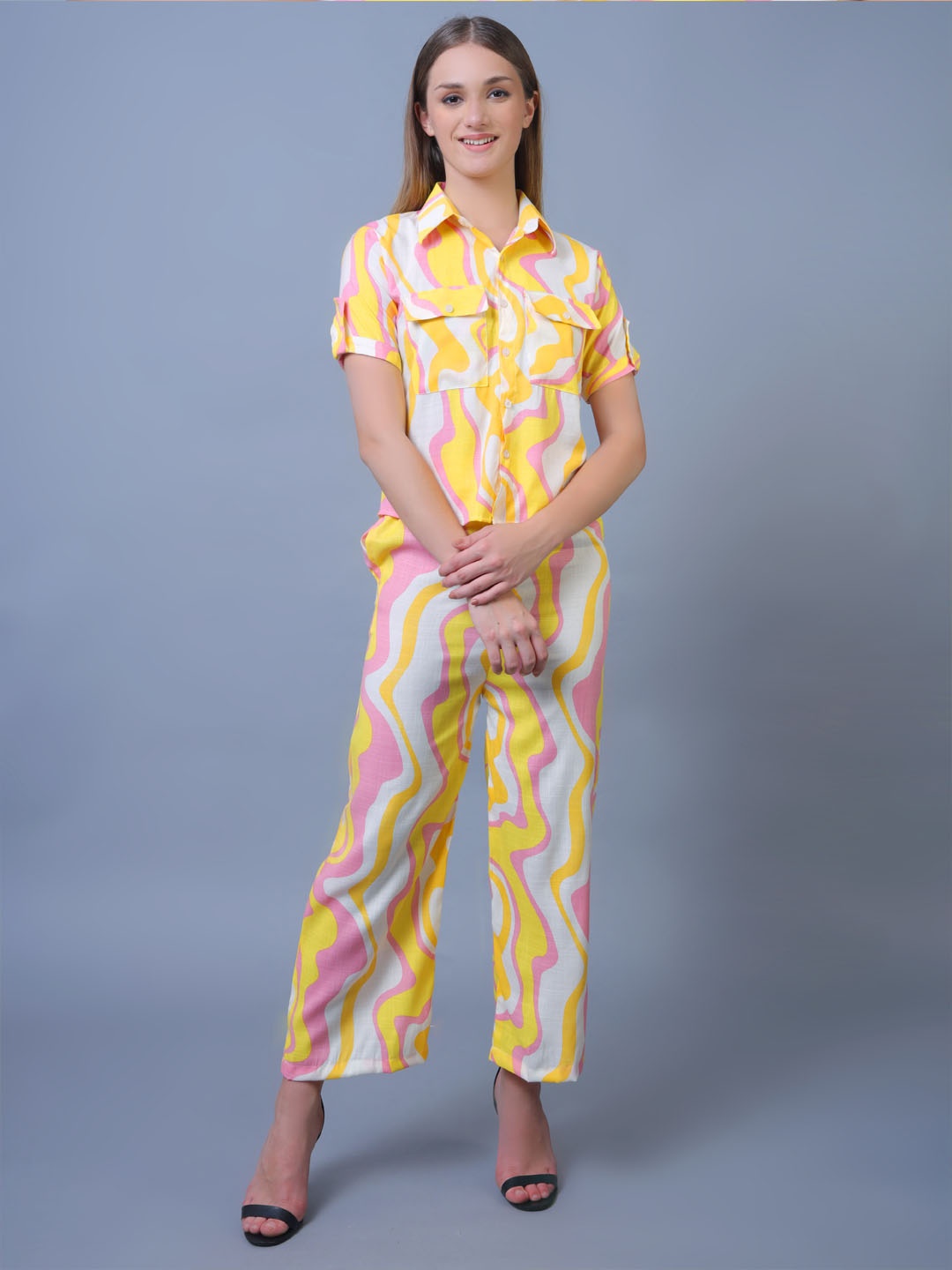 

Xivir Women Abstract Printed Shirt With Trousers Co-Ords, Yellow