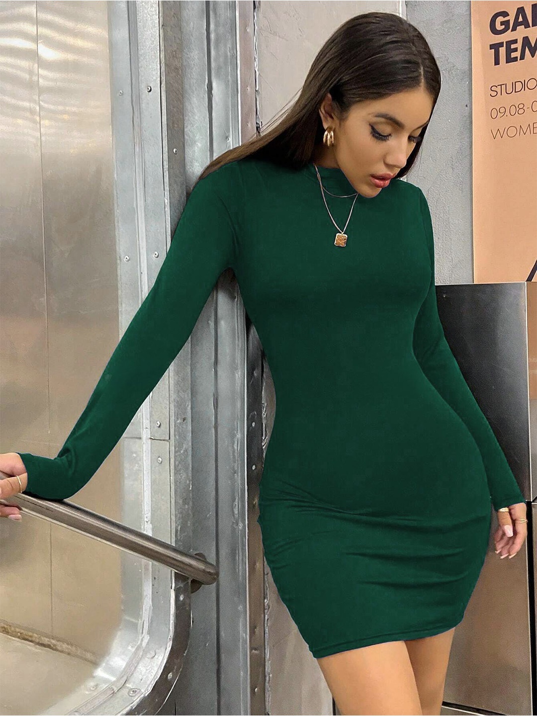 

Tivante Women Long Sleeve Bodycon Mini Dress, Green