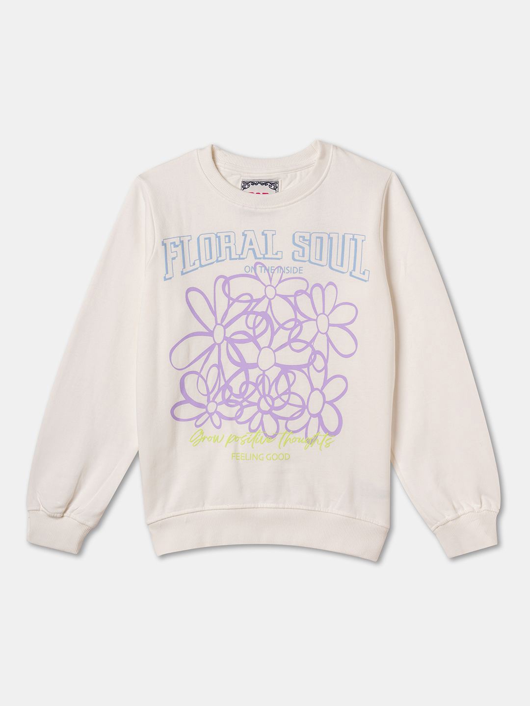 

R&B Girls Floral Printed Round Neck Cotton Pullover Sweatshirt, White