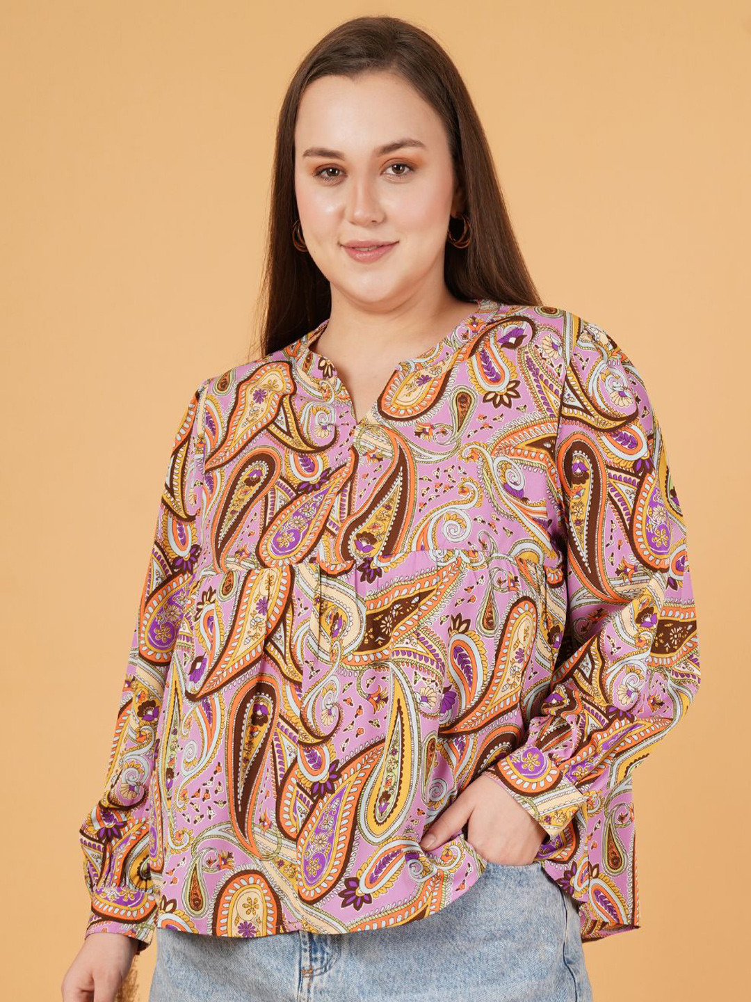 

Sztori Women Ethnic Motifs Printed Mandarin Collar Plus Size Top, Brown