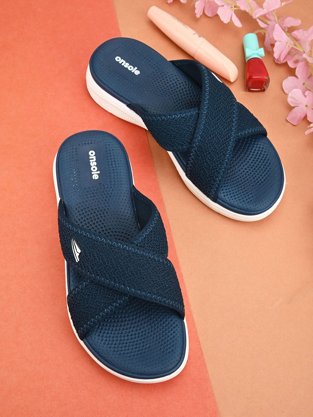 

ONSOLE Women Self Design Sliders, Navy blue