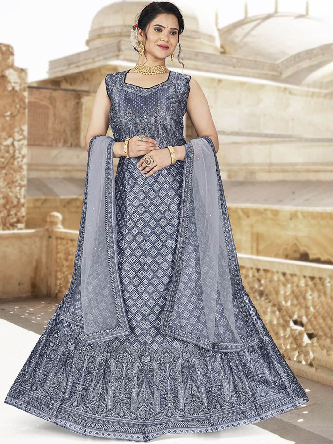 

Krimmple Printed Fit & Flared Maxi Ethnic Dress With Dupatta, Grey