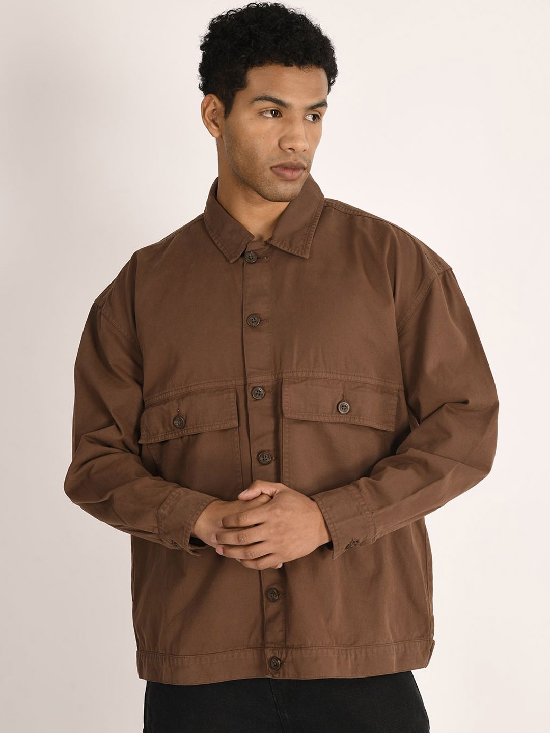 

Bene Kleed Men Solid Oversized Pure Cotton Tailored Jacket, Brown