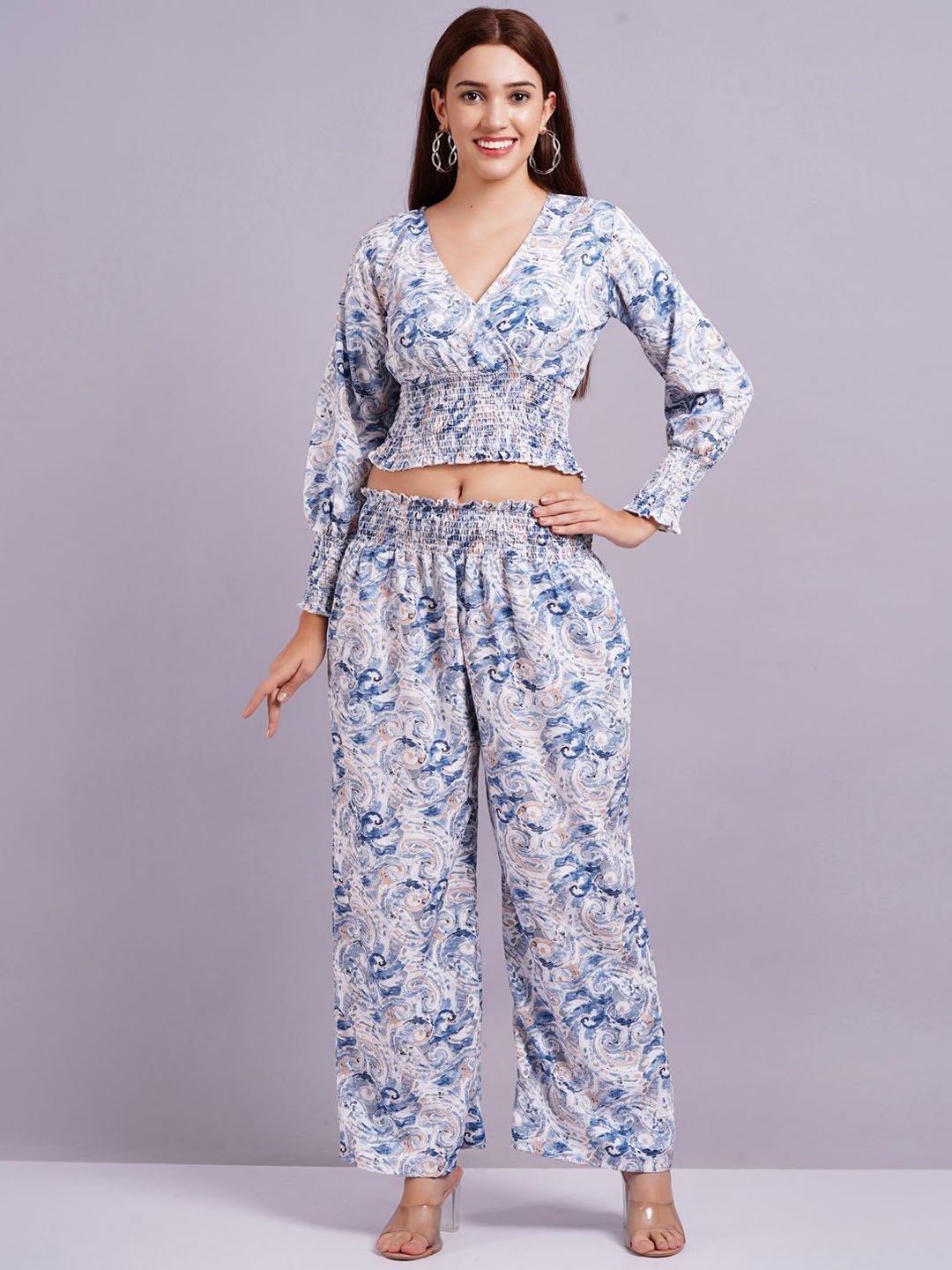 

JC4U Printed V-Neck Top With Trousers Co-ords, Blue