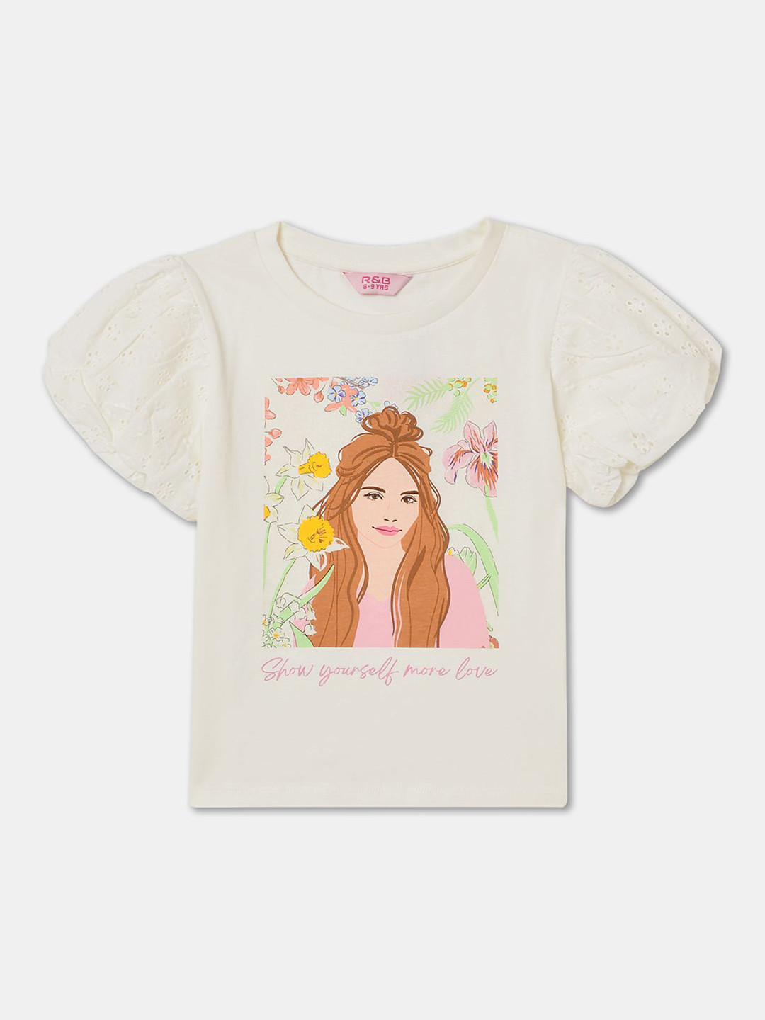 

R&B Girls Graphic Printed Round Neck Cotton Top, White