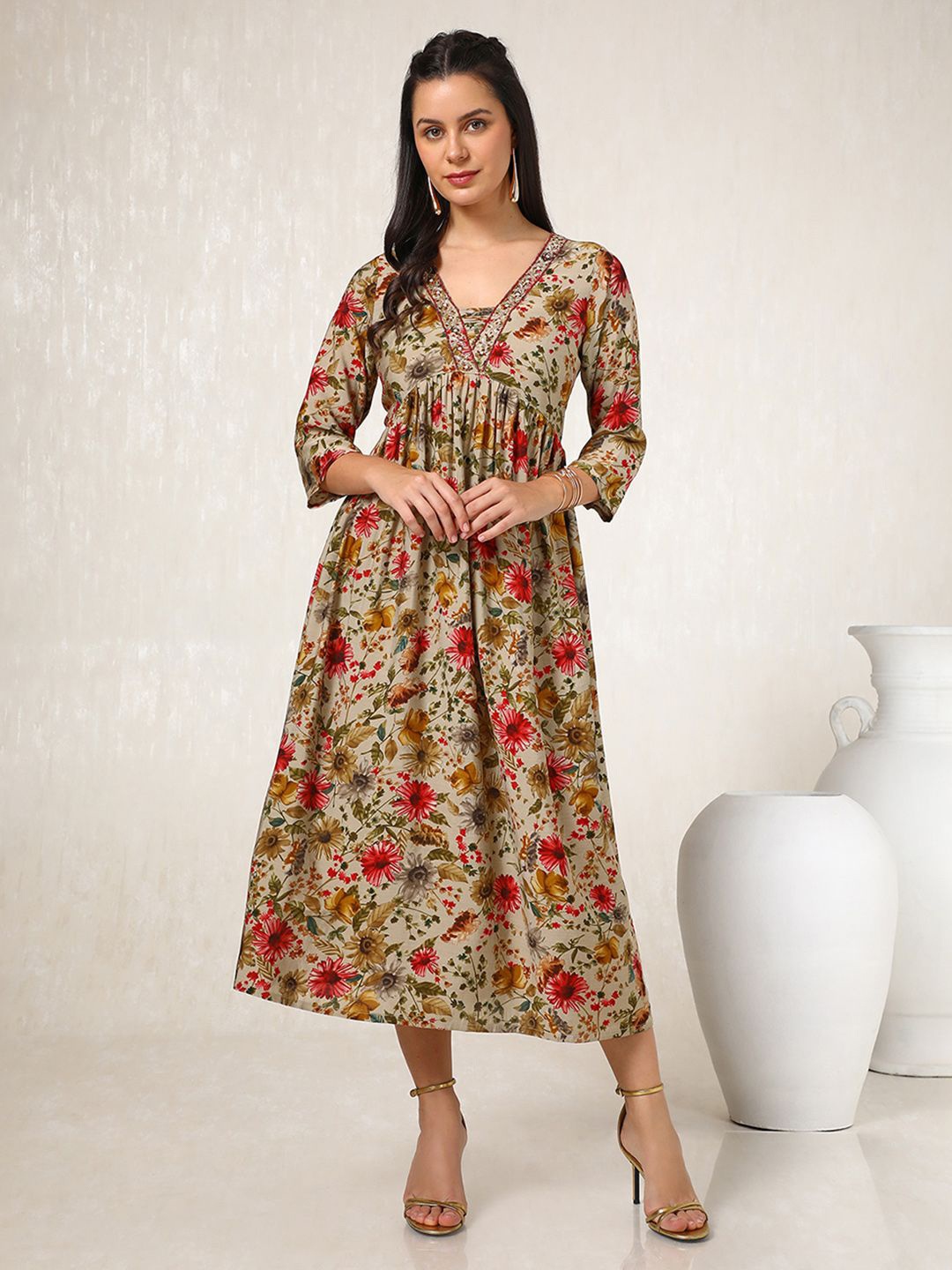 

Soch Women Floral Print A-Line Midi Dress, Beige