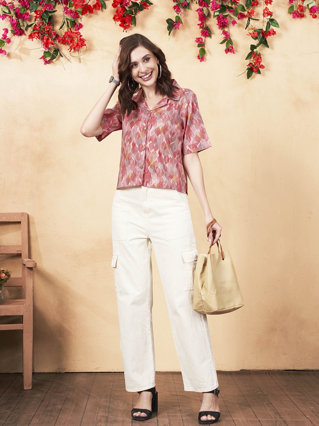 

Anouk Rustic Women Floral Printed Cotton Shirt, Peach