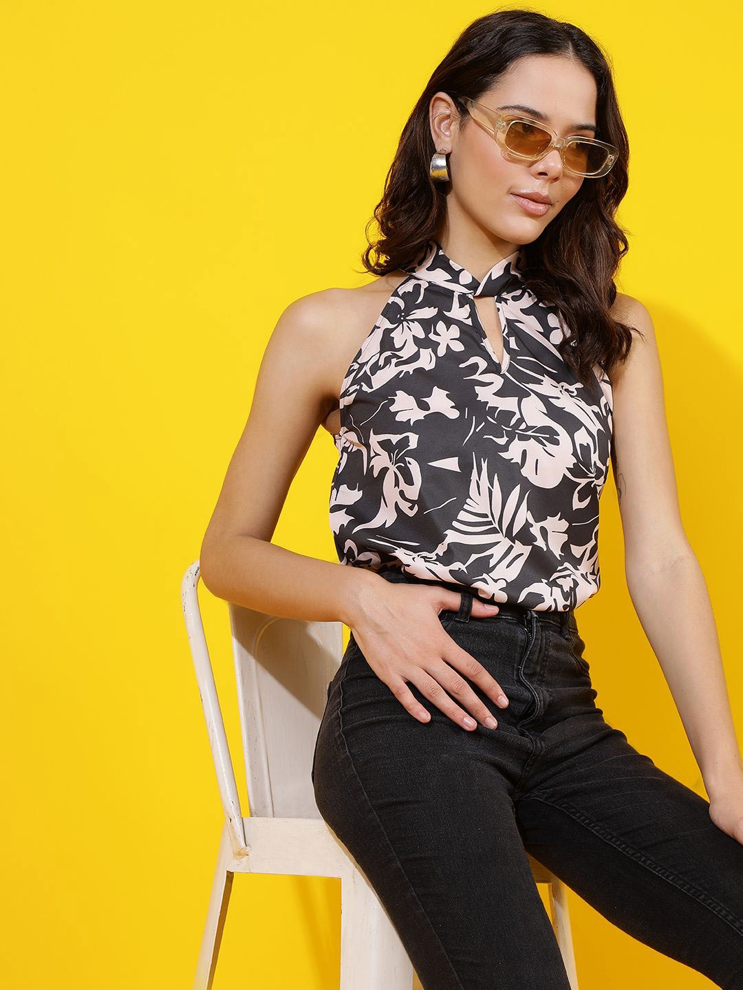 

Kotty Women Floral Printed Choker Neck Top, Black