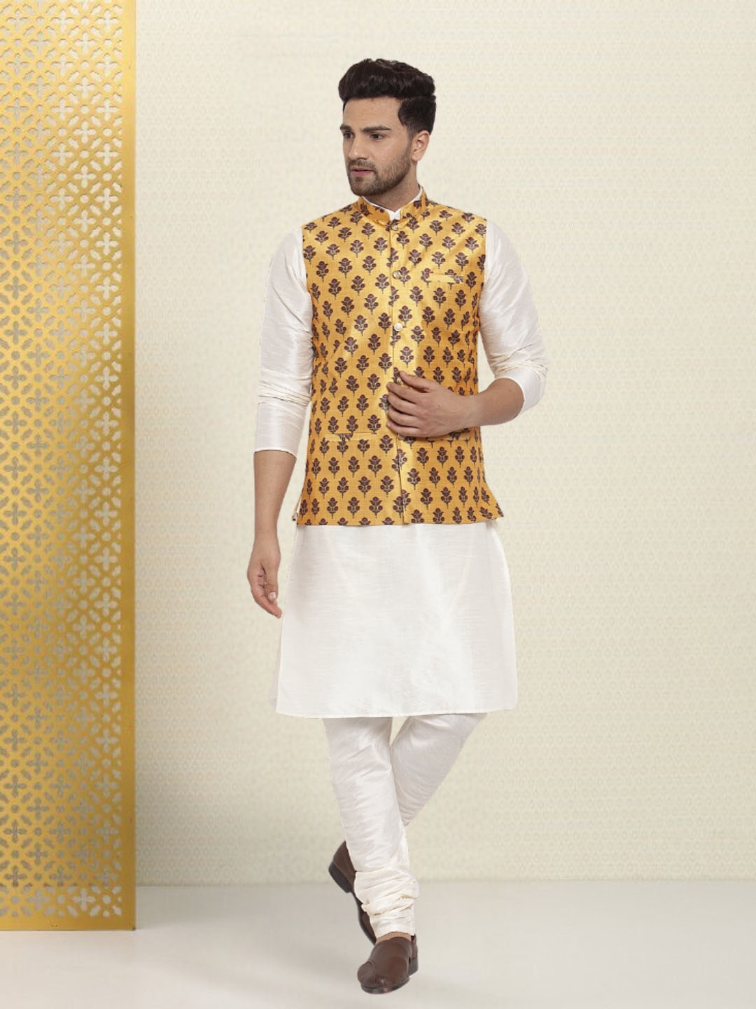 

KRAFT INDIA Men Regular Kurta & Churidar with Nehru Jacket Set, Cream