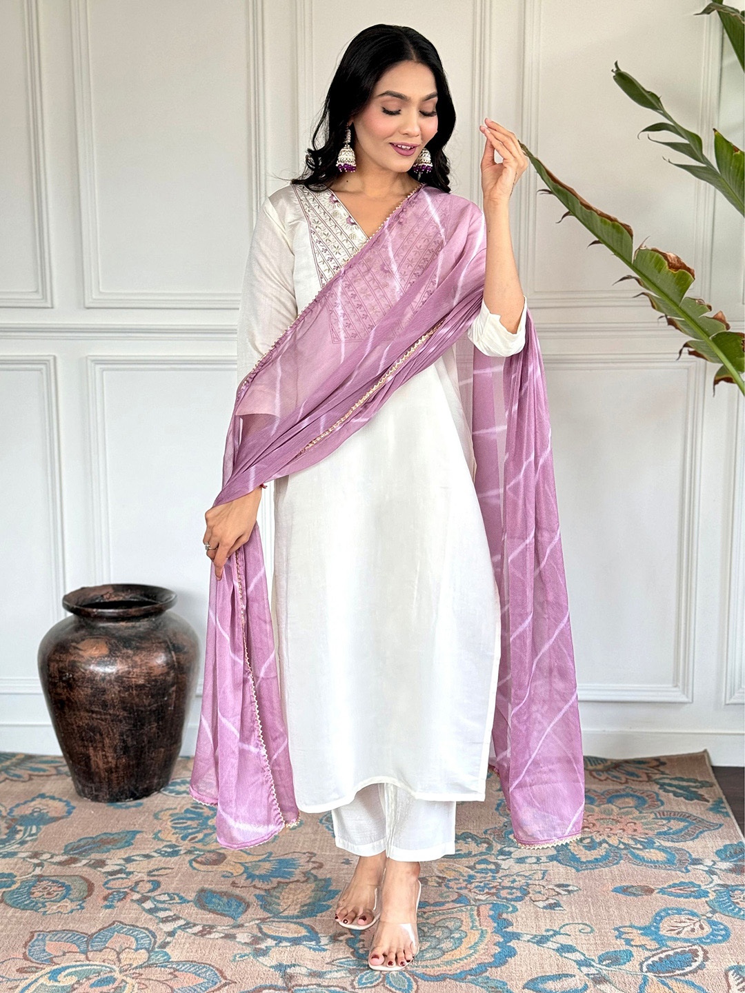 

NIZA FASHION Women Yoke Design Regular Thread Work Kurta With Trousers & Dupatta, White