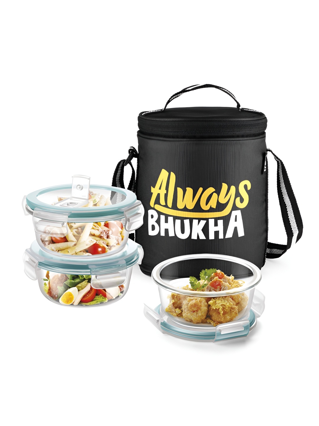 

Treo All Fresh Black 3 Pieces Glass Containers Lunch Box Always Bhukha Print Bag 400ml