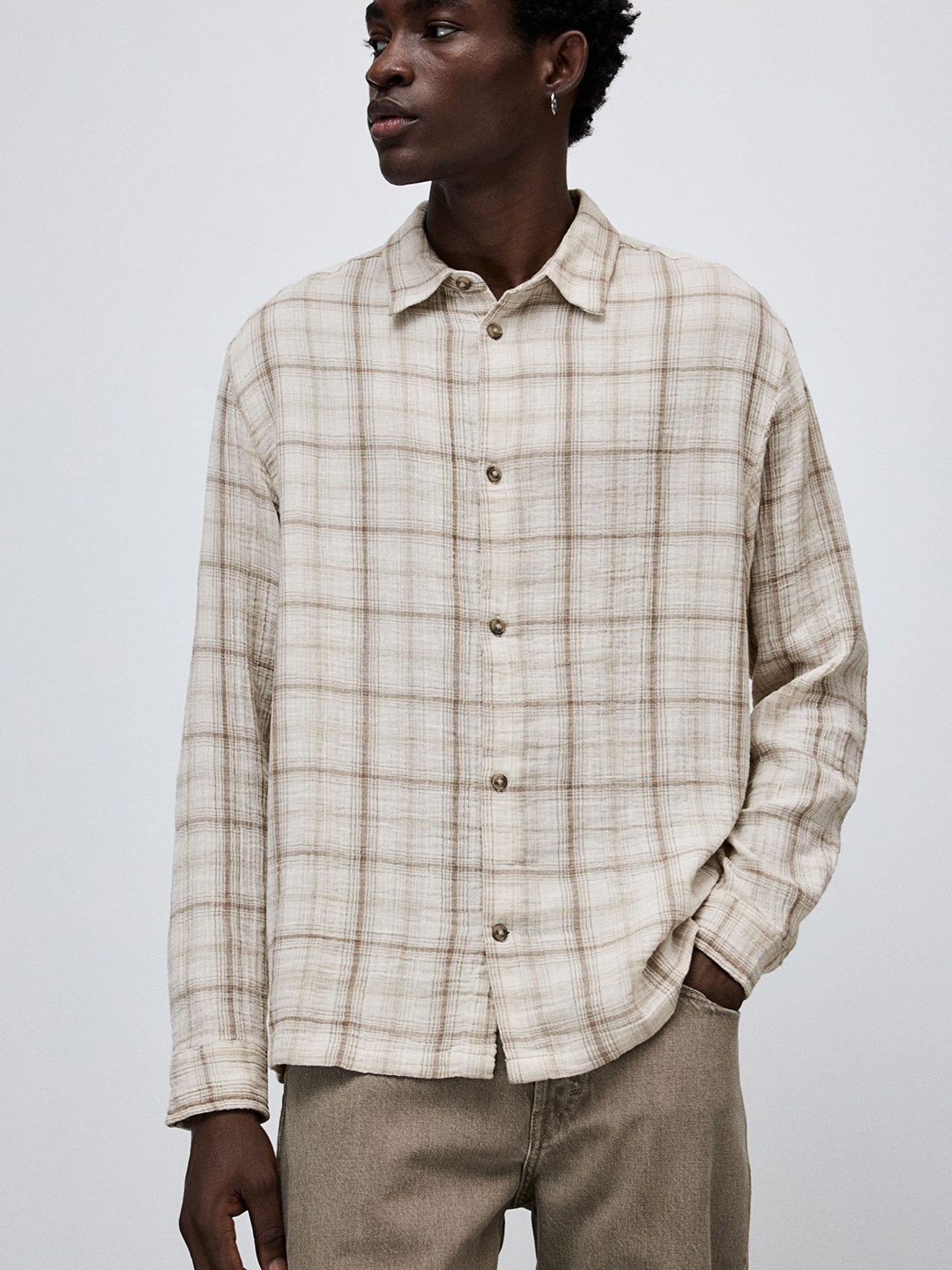 

H&M Checked Pure Cotton Shirt, Beige