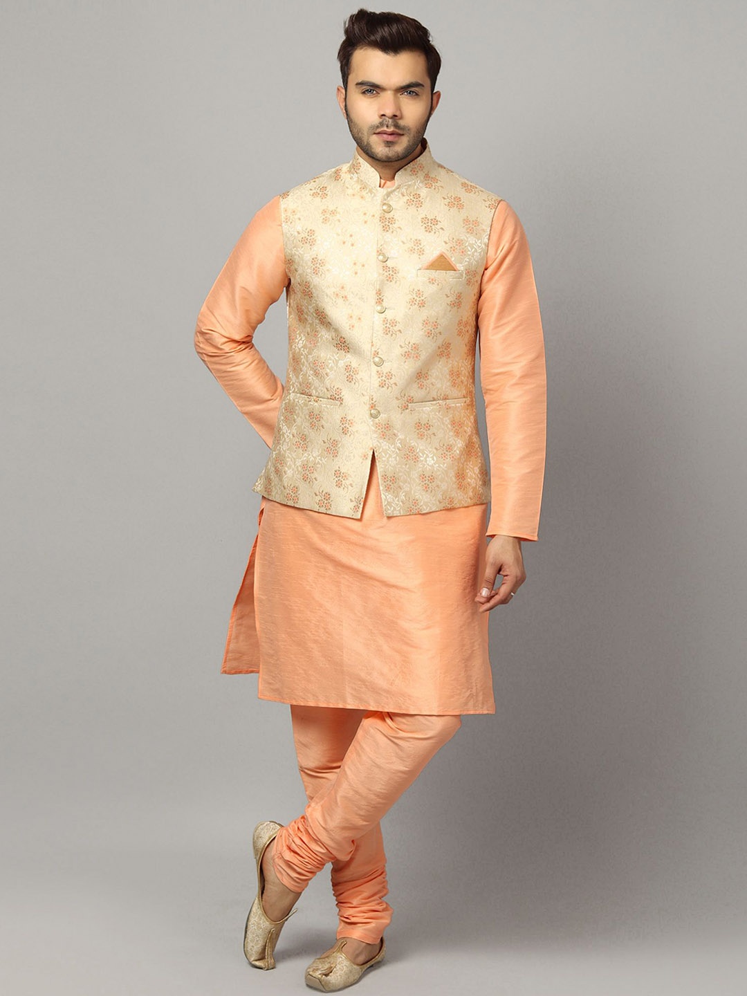 

Ethluxis Men Regular Dupion Silk Kurta with Churidar, Peach
