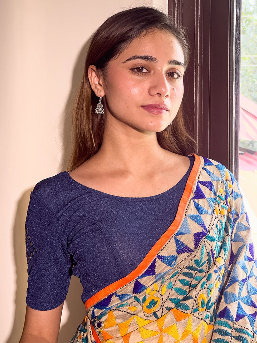

Bindigasm's Advi Women Embroidered Stretchable Slip on Saree Blouse, Navy blue