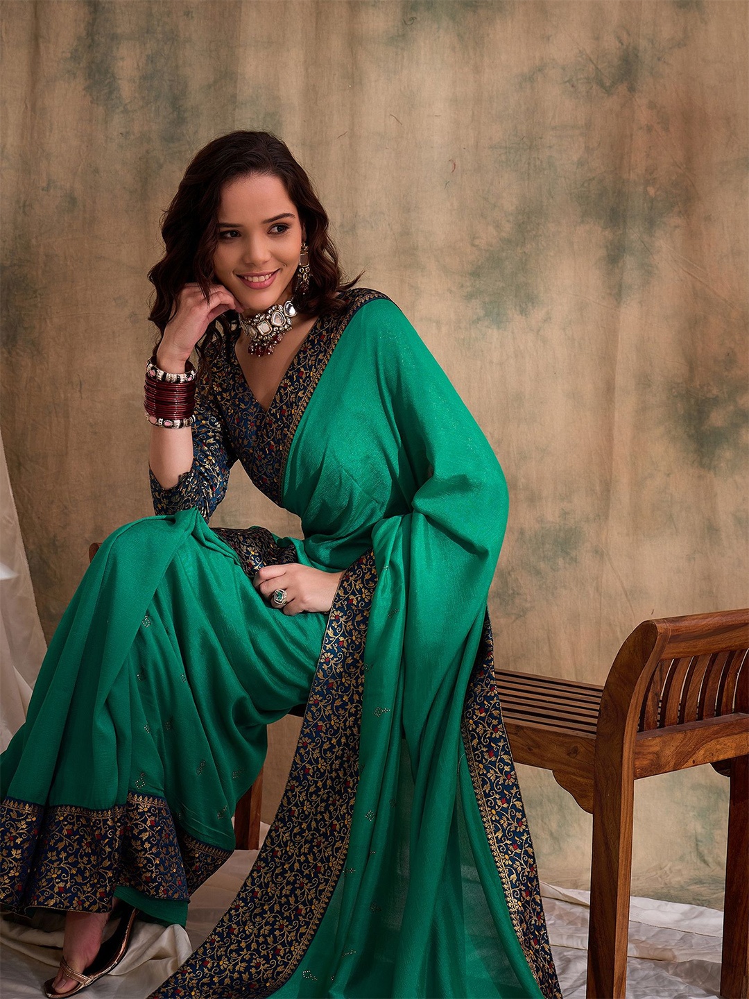 

Sangria Woven Design Zari Saree With Blouse Piece, Sea green