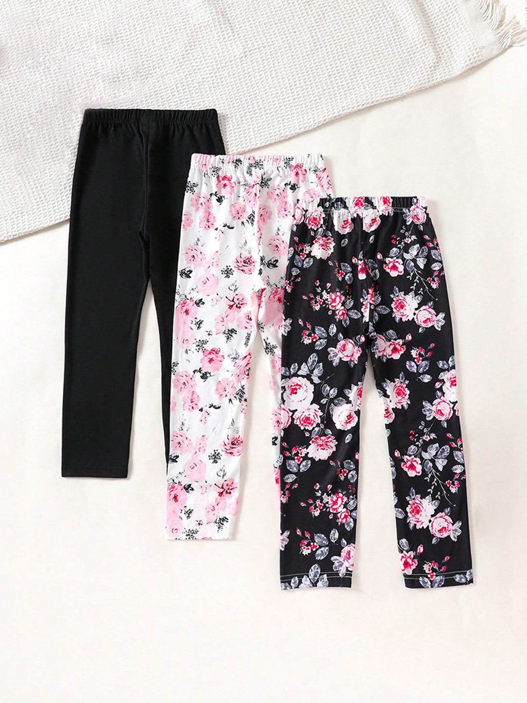 

INCLUD Pack Of 3 Girls Floral Printed Regular Trousers, Black