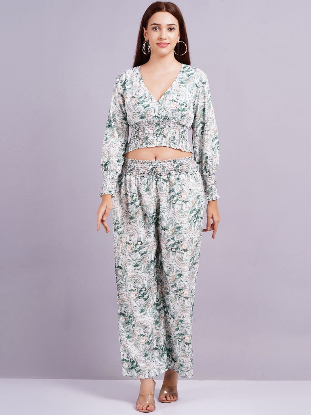 

KALINI Printed V-Neck Long Sleeves Top With Palazzo, Green