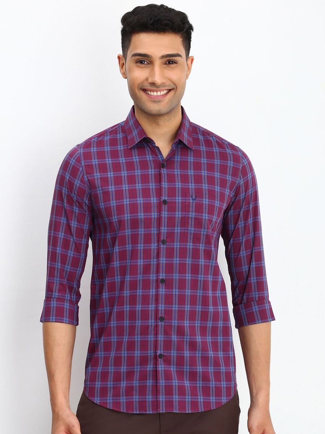 

Allen Solly Men Spread Collar Checked Cotton Slim Fit Casual Shirt, Purple