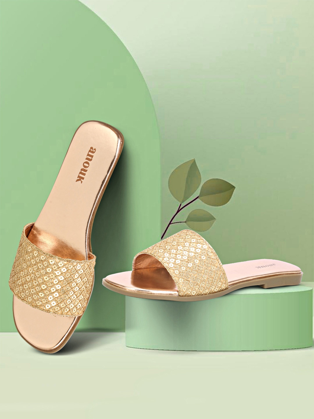 

Anouk Women Textured Ethnic Open Toe Flats, Gold