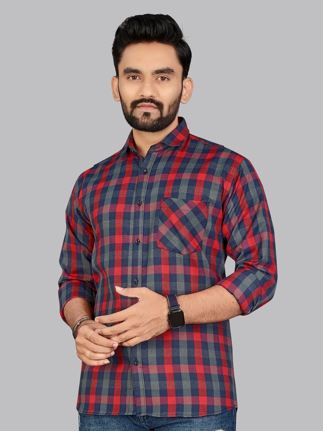 

ADWYN PETER Men Classic Spread Collar Tartan Checked Cotton Casual Shirt, Red